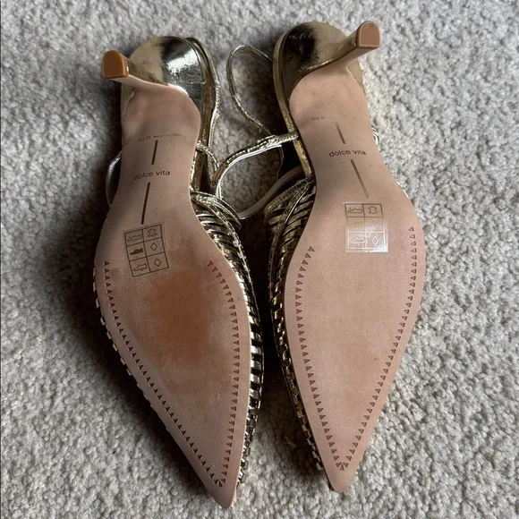 🆕 Dolce Vita Distressed Gold Strap Cage Leather Slingback Pointed Toe Heels 9.5 - Picture 16 of 17
